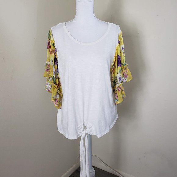 Umgee Tops - Umgee Knit Ruffle Sleeve Front Tie Top White Large